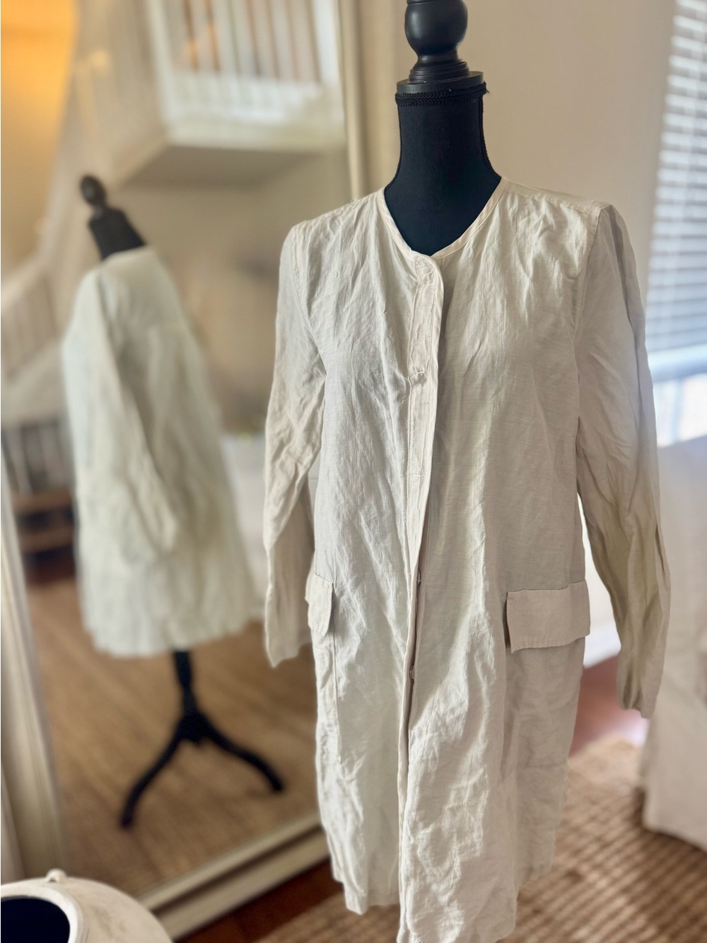 Eileen Fisher Artisan relaxed cotton creamy Longline Collarless Coat duster